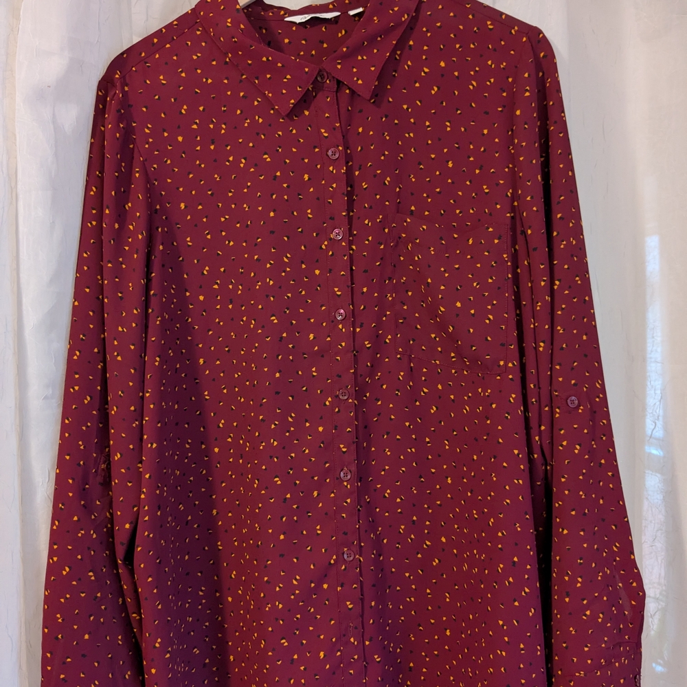 Reitman's Burgundy Blouse with Yellow and Black Accents
